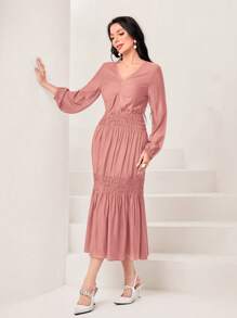 Seusyu Solid Ruffle Hem Dress - Pink - View 5