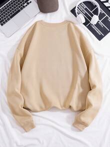 SHEIN EZwear 飲料&標語圖案加絨內裏運動衫 - 卡其色 - 查看 2