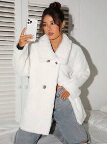 SHEIN EZwear 雙排扣大衣 - 白色 - 查看 4