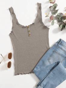 SHEIN Essnce Lettuce Trim Waffle Knit Tank Top - Khaki - View 1