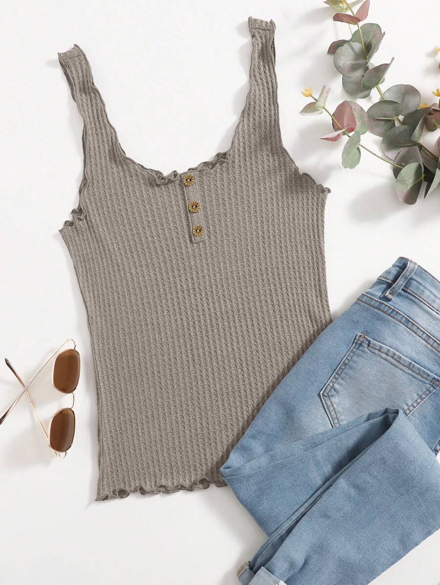 SHEIN Essnce Lettuce Trim Waffle Knit Tank Top - Khaki - View 1