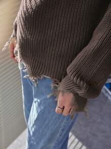 Manfinity EMRG 男士落肩袖破洞仿舊邊套頭毛衣 - 咖啡棕 - 查看 3