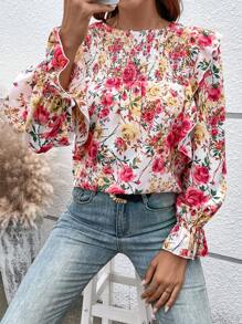 SHEIN VCAY In hoa tay áo lá sen Viền Ruffle Áo sơ mi - Nhiều màu - Xem 2