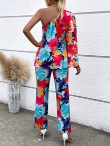 SHEIN LUNE Pantalones con top con estampado floral de un hombro - Multicolor - Ver 2