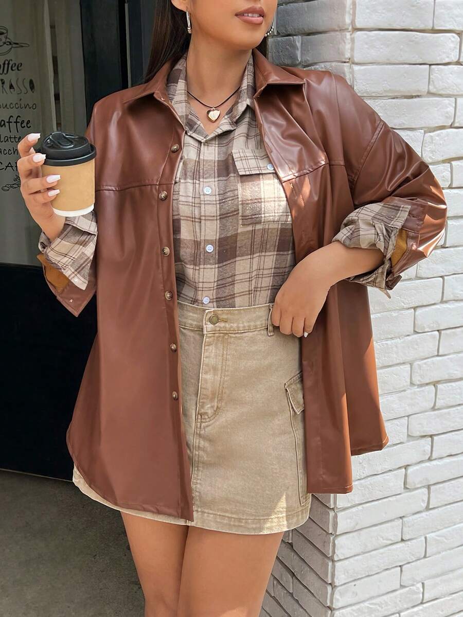 SHEIN EZwear Hơn Thả vai chất liệu da PU áo - Cà phê nâu - Xem 1