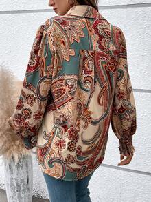 SHEIN Clasi In hoa Paisley Tay áo lồng đèn Áo sơ mi - Màu be - Xem 2
