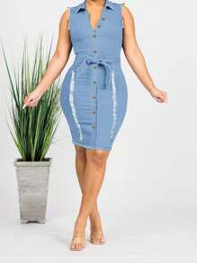 Vestido mezclilla con botón desgarro con cinturón - Lavado ligero - Ver 1