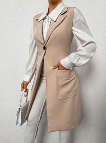 RueChic 1pc Dual Pocket Single Button Vest Blazer - Khaki - View 4