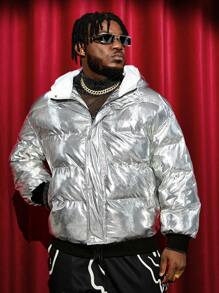 Manfinity VCAY Oversized Men Plus Size Silver Metallic Zip-Up Hooded Padded Coat