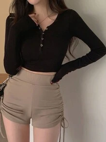 DAZY Solid Button Front Crop Tee Long Sleeve Women Tops,Fall Women Clothes