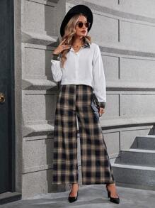EMERY ROSE Plaid Print Button Front Shirt & Wide Leg Pants - Multicolor - View 1