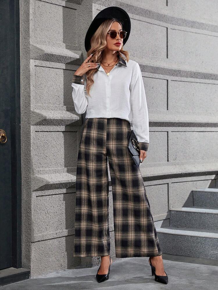 Plaid Print Button Front Shirt & Wide Leg Pants
