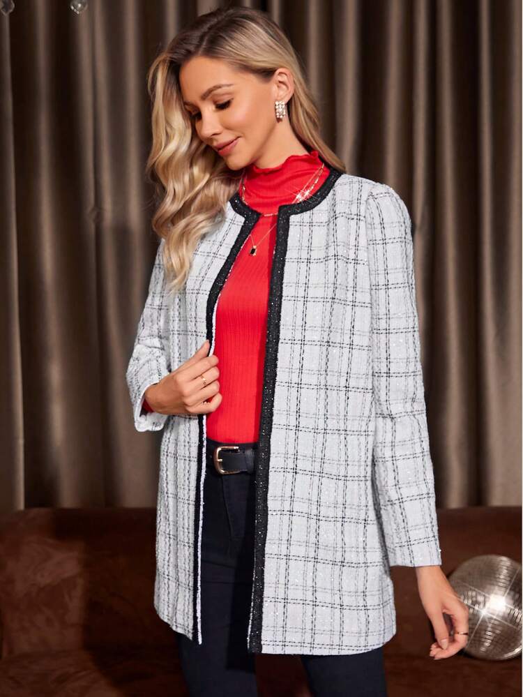 Plaid Contrast Trim Open Front Tweed Overcoat