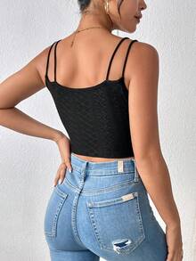 SHEIN Frenchy Solid Lace Trim Crop Cami Top - Black - View 2