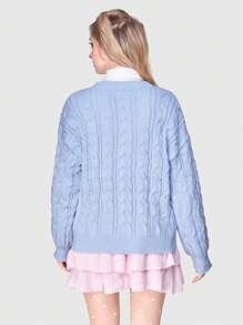 Kawaii 卡通&星星圖案麻花編織落肩袖套頭毛衣不帶襯衫 - 淺藍色 - 查看 6