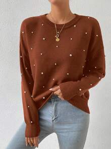 SHEIN Frenchy Pearls Beaded Drop Shoulder Sweater - Coffee Brown - View 3