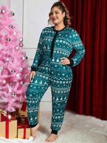 Talla grande Mameluco de dormir con estampado de Navidad con botón delantero - Verde - Ver 3
