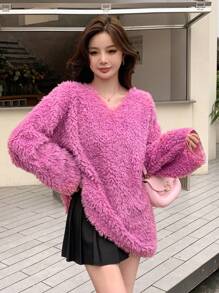 Dazy Star Chất rắn Thả vai Quá lớn Aó chui đầu Teddy - Hồng - Xem 1