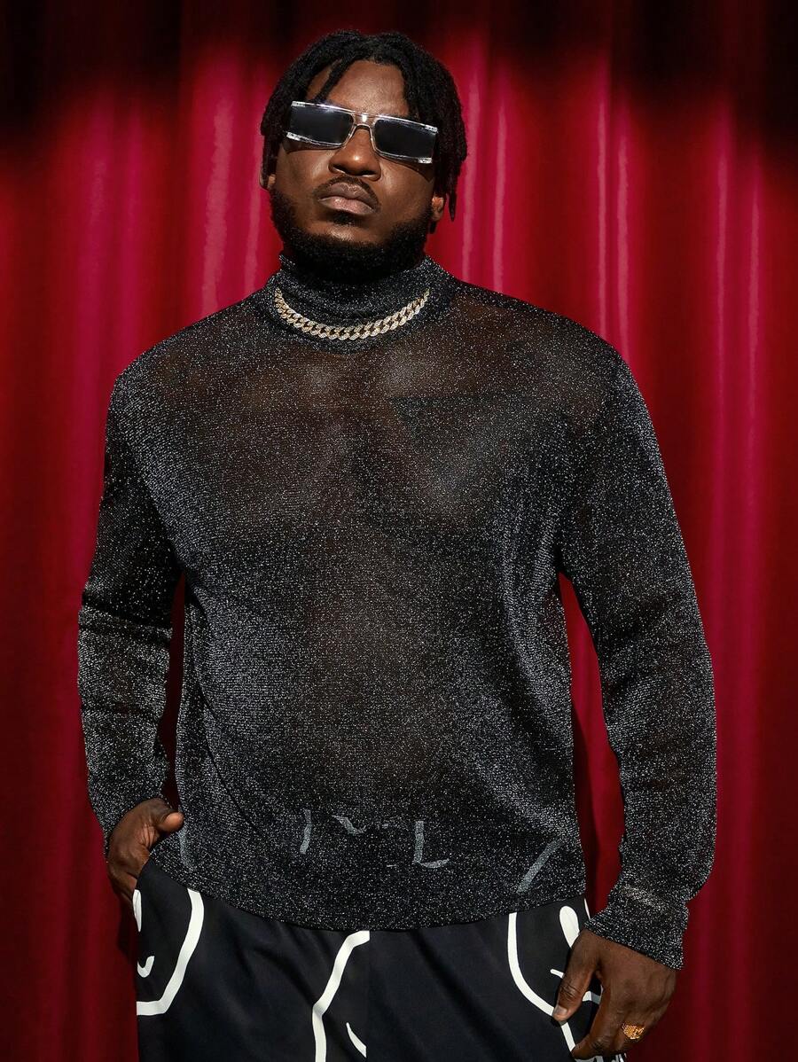 EASEVO Nam Plus Cổ giả Long lanh Áo thun - màu đen - Xem 1