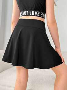 SHEIN 少女運動裙式緊身褲，附手機袋和 V 型高腰細節，適合戶外運動、健身、瑜珈、有氧運動 - 黑色 - 查看 2