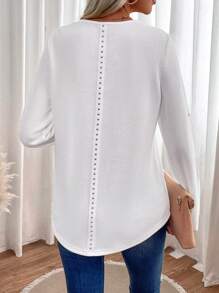 SHEIN LUNE Solid Roll Up Sleeve Studded Detail Tee - White - View 2