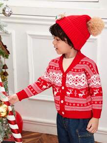 SHEIN 男小童聖誕麋鹿&幾何圖案青果領開襟衫 - 紅白色 - 查看 5