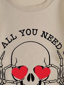 SHEIN EZwear Women's Letter & Skull Printed Sweatshirt - Apricot - View 3