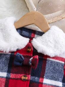 SHEIN Young Girl Plaid Print Borg Collar Flap Pocket Bow Front Overcoat - Multicolor - View 6