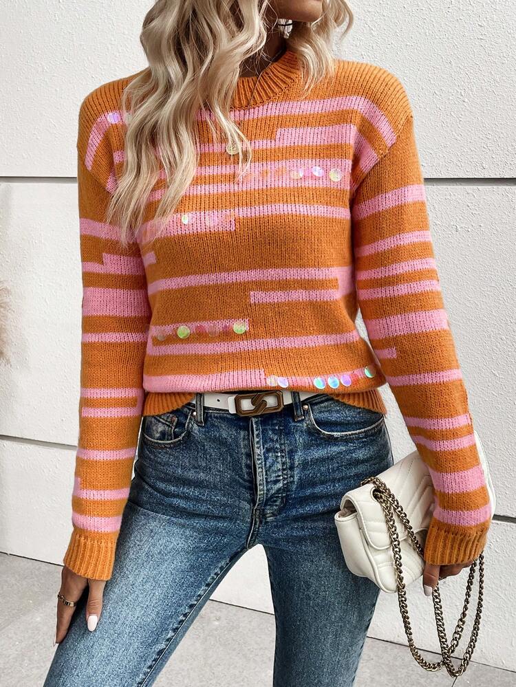Striped Pattern Sequin Detail Drop Shoulder Knit Pullover Fall Winter Sweater