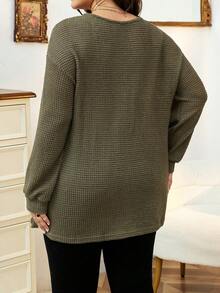 Calvaya Plus Button Front Drop Shoulder Tee - Army Green - View 2