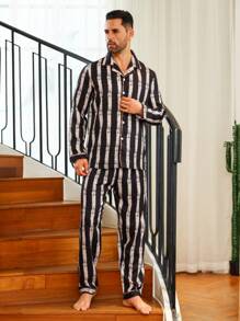 Men's Black Striped Pajama Set Regular Sleeve Lapel Gentleman Style Loungewear With Pockets And Buttons - Black - View 4