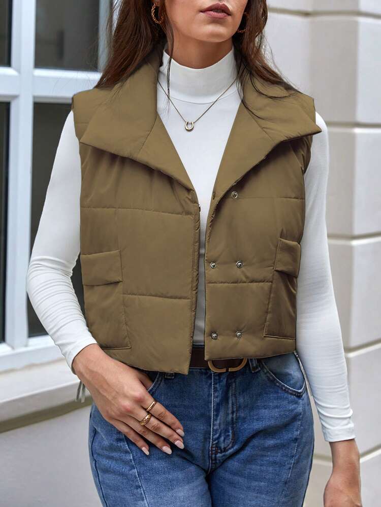 Women's Solid Crop Padded Vest For Autumn & Winter