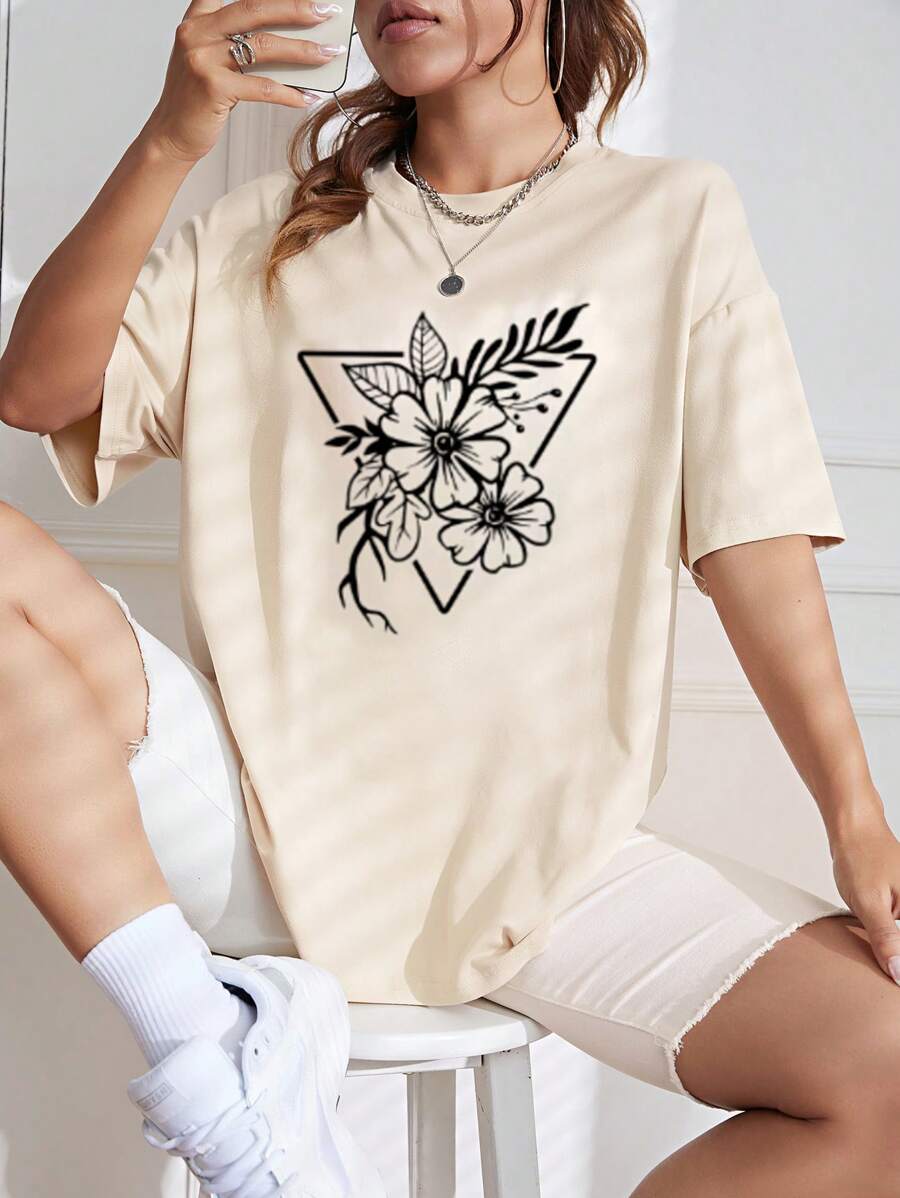 SHEIN Loại bướm Và In hoa Áo thun Thả vai - Màu be - Xem 1