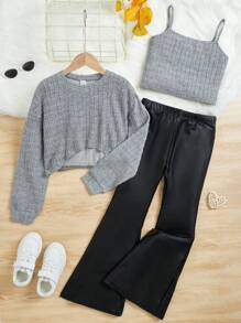 Tween Girl Solid Cami Top & Flare Leg Pants & Pullover - Light Grey - View 1