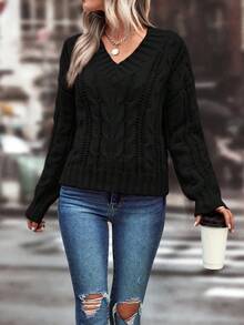 SHEIN Essnce Xoắn Dan Thả vai Áo len - màu đen - Xem 6