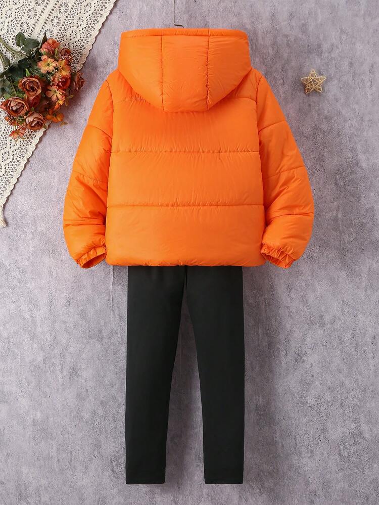Tween Girl 1pc Slant Pockets Hooded Padded Coat & 1pc Pants