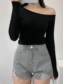 DAZY Solid Asymmetrical Neck Tee Long Sleeve Women Tops