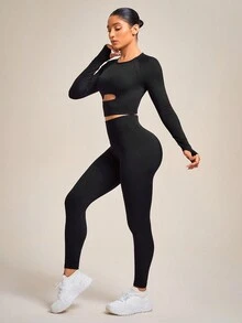 SHEIN Daily&Casual Cut Out Front Thumb Holes Sports Set - Black - View 3