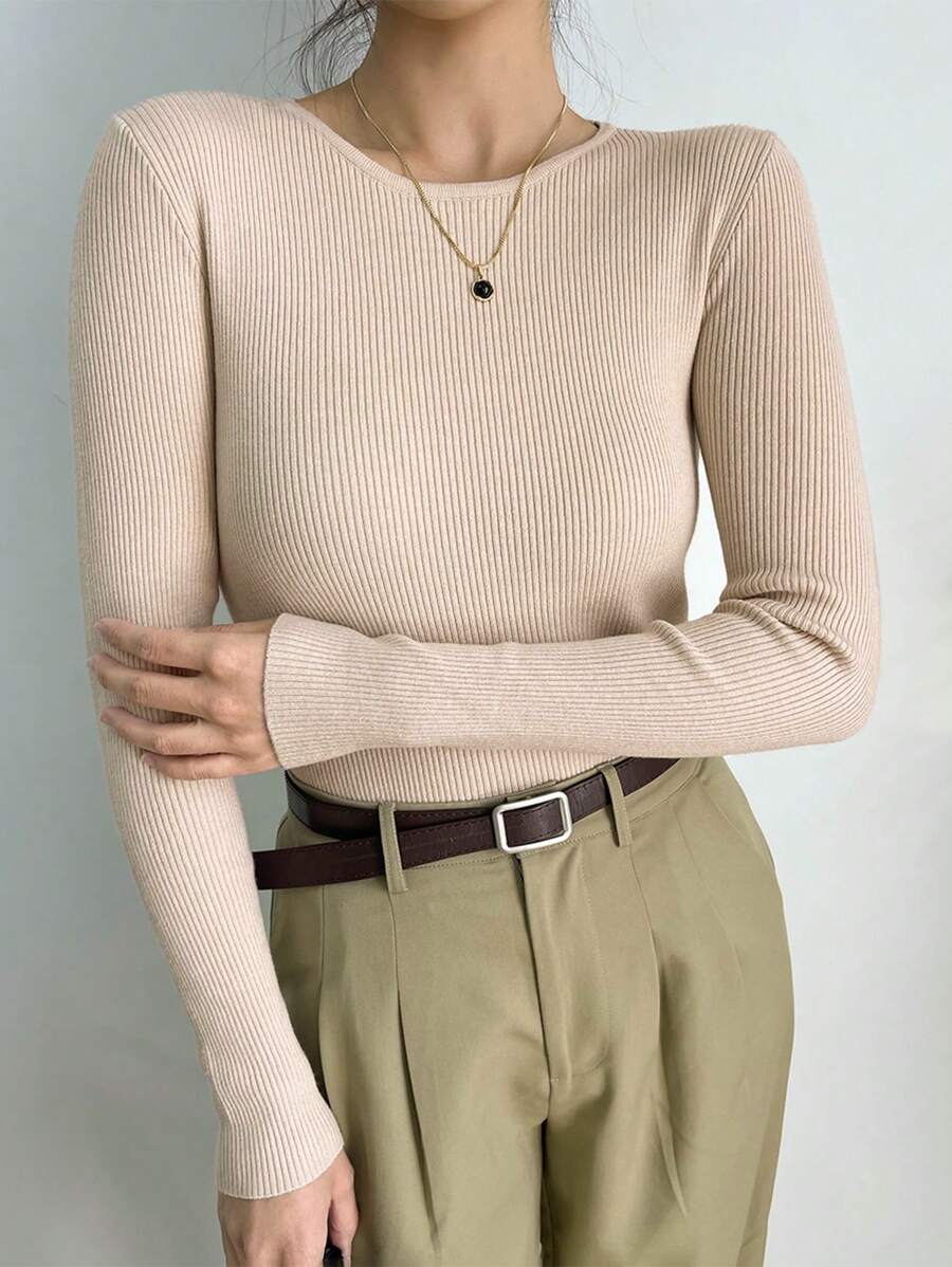 DAZY Ribbed Knit Round Neck Jumper - Apricot - View 1