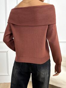 SHEIN Unity 卡通图案翻边扭结露肩针织套头衫秋冬毛衣 - 咖啡棕 - 查看 2