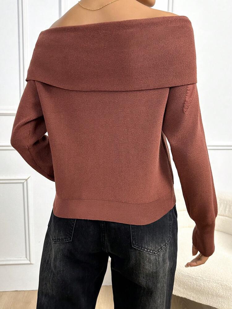 Cartoon Pattern Foldover Twist Off Shoulder Knit Pullover Fall Winter Sweater