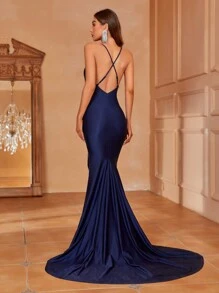 Twist Front Split Thigh Prom Dress - Navy Blue - View 2