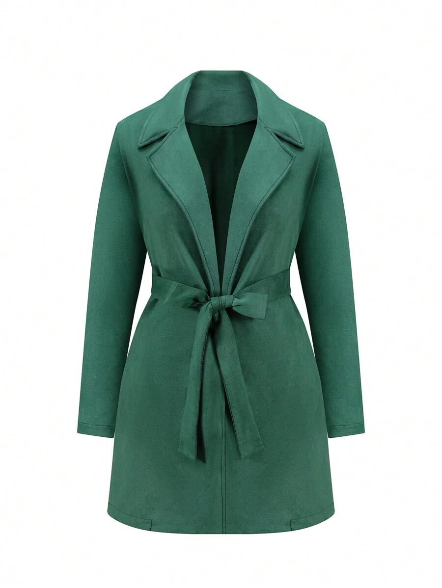 SHEIN Clasi Plus Lapel Neck Belted Coat - Green - View 1