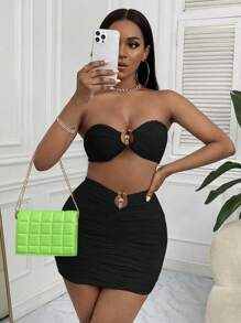 SHEIN SXY 環鏈抹胸上衣&包臀半身裙 - 黑色 - 查看 7