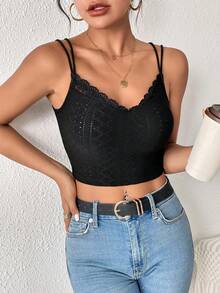 SHEIN Frenchy Solid Lace Trim Crop Cami Top - Black - View 4