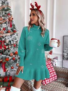 SHEIN LUNE Hình bông tuyết Áo cao cổ Tay Raglan Đầm Áo len - Màu xanh Cadet - Xem 3