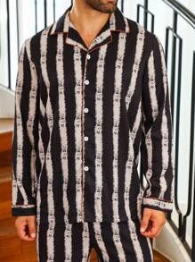 Men's Black Striped Pajama Set Regular Sleeve Lapel Gentleman Style Loungewear With Pockets And Buttons - Black - View 7