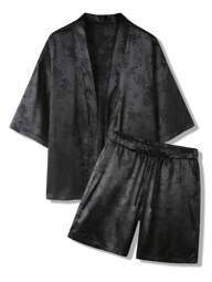 Manfinity Hypemode 男士花卉提花和服衬衫和短裤套装，复古，和服，图案，都市，丈夫