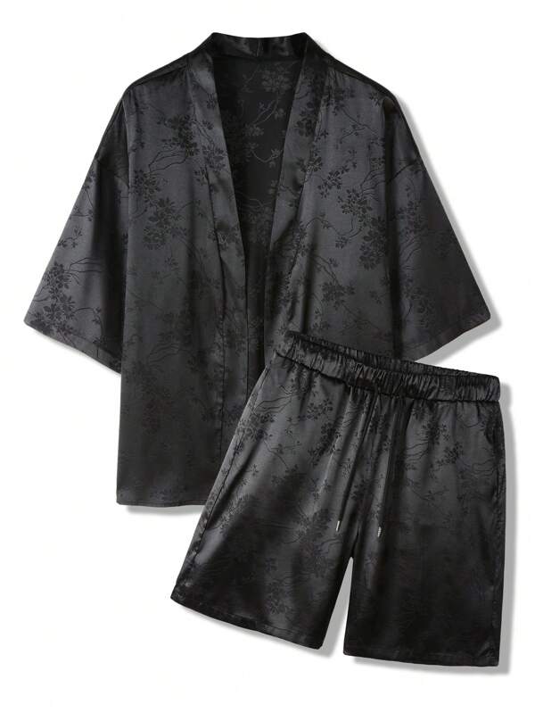 Manfinity Hypemode Men's Floral Jacquard Kimono Shirt And Shorts Set , Vintage , Kimono , Graphic , Urban , Husband