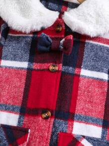 SHEIN Young Girl Plaid Print Borg Collar Flap Pocket Bow Front Overcoat - Multicolor - View 3